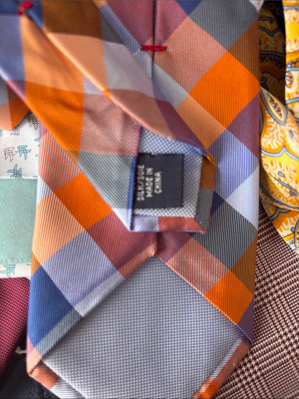 Tommy Hilfiger Orange, Blue & Brown Plaid Men's Tie - Picture 3 of 3